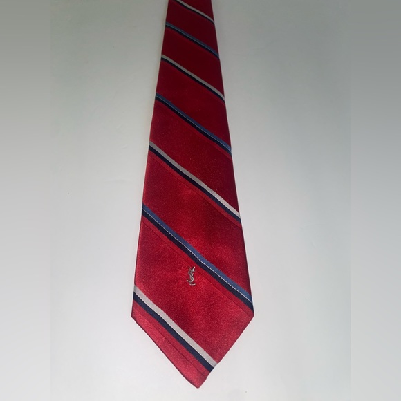 YSL Men's Red Striped Silk Neck Tie - Picture 4 of 10